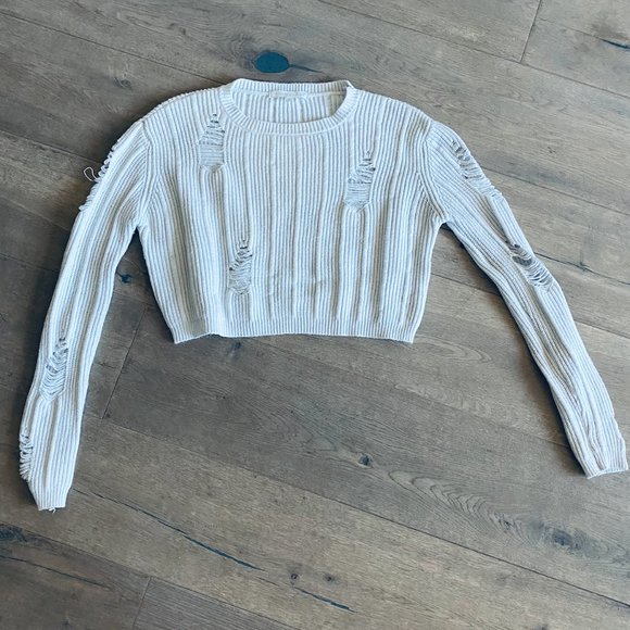 Sweaters - WHITE DISTRESSED CROP SWEATER